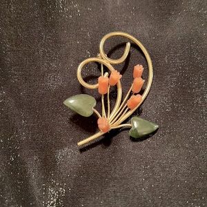Vintage Coral & Jade Brooch